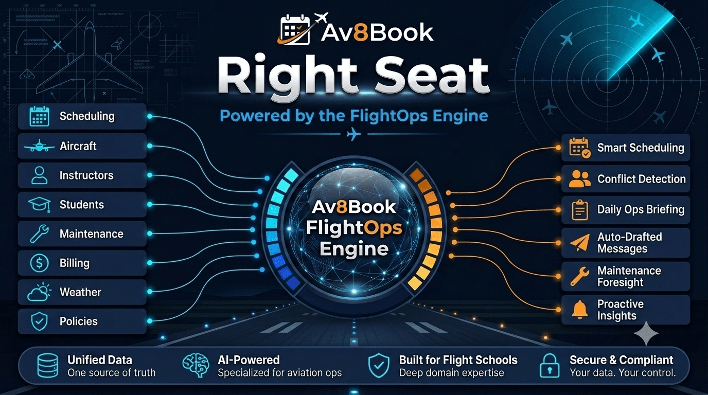 The Av8Book FlightOps Engine: scheduling, aircraft, instructors, students, maintenance, billing, weather, and policies flow into the engine; Ask Anything, Proactive Insights, Daily Ops Briefing, Conflict Detection, Maintenance Foresight, and Drafted Messages flow out.