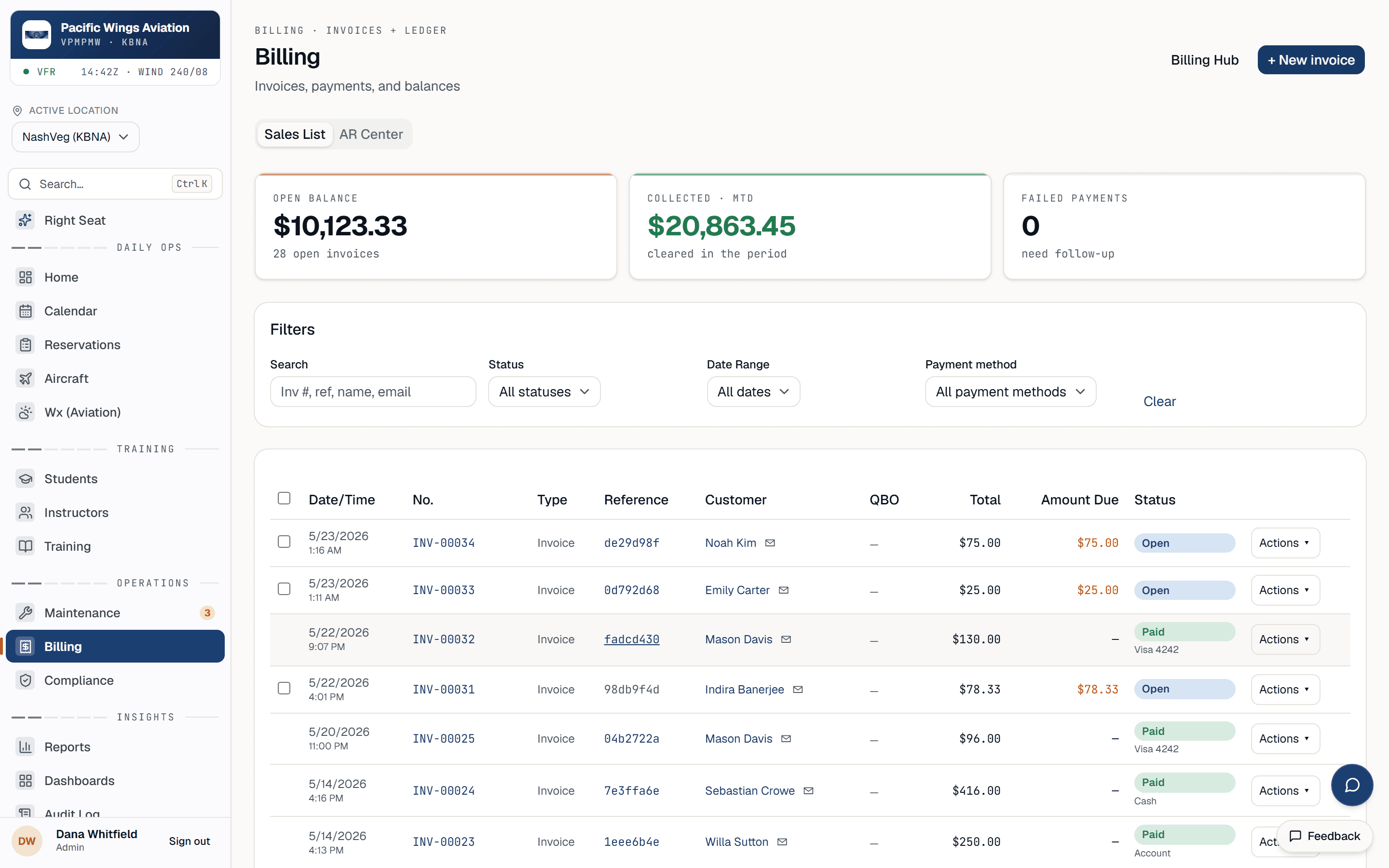 Av8Book billing — invoices, balances, and payment status across the school