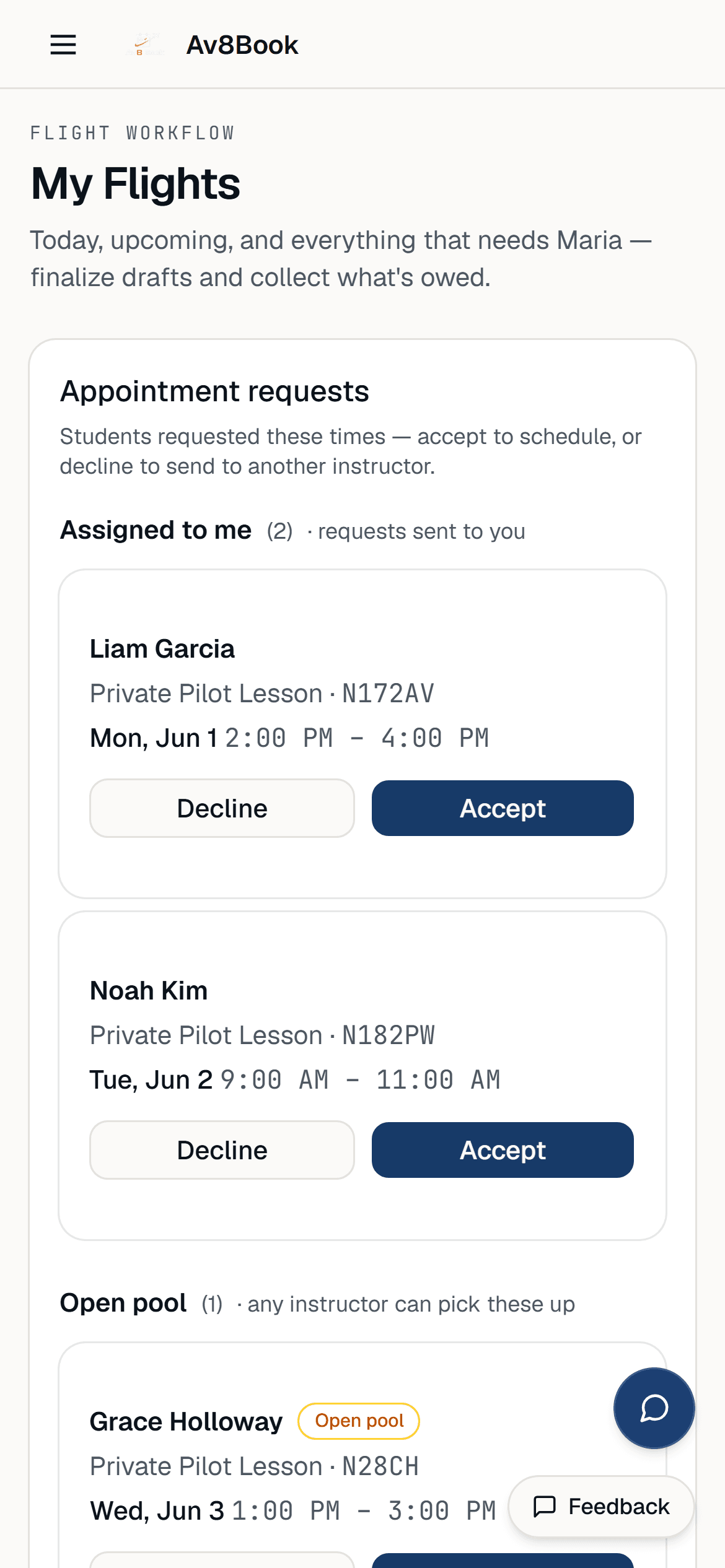 Instructor My Flights on a phone: today's schedule with complete-and-bill