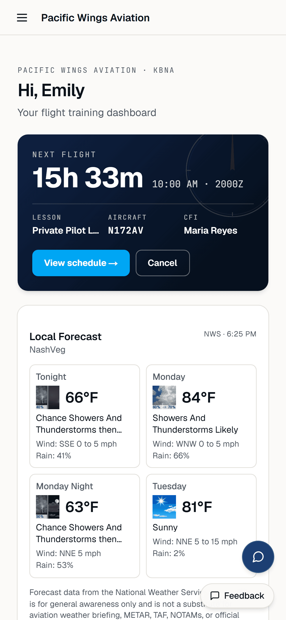 Student portal on a phone: next flight and account balance