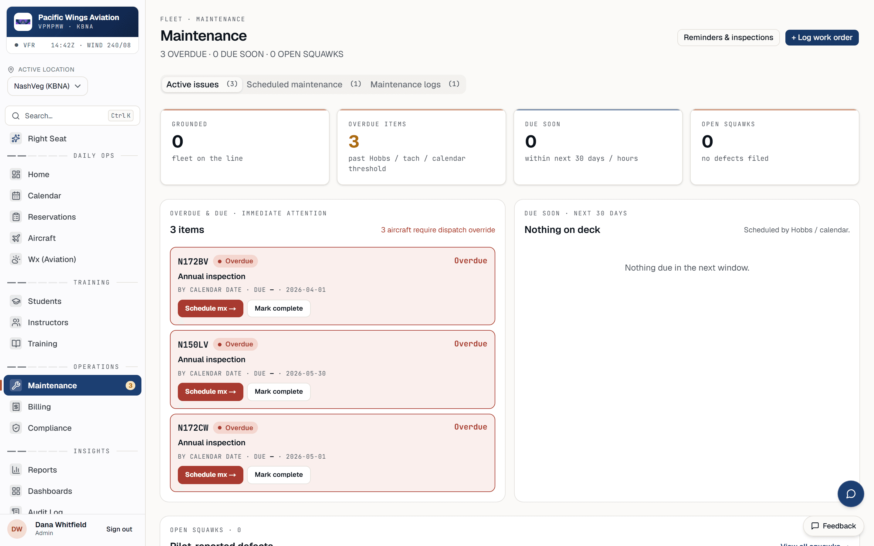 Av8Book maintenance dashboard — overdue inspections and due-soon items per aircraft